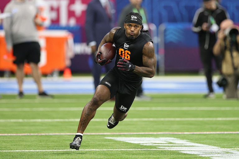 South Carolina running back Rahsul Faison participates in a drill on Feb. 28 during the 2026 NFL scouting combine.