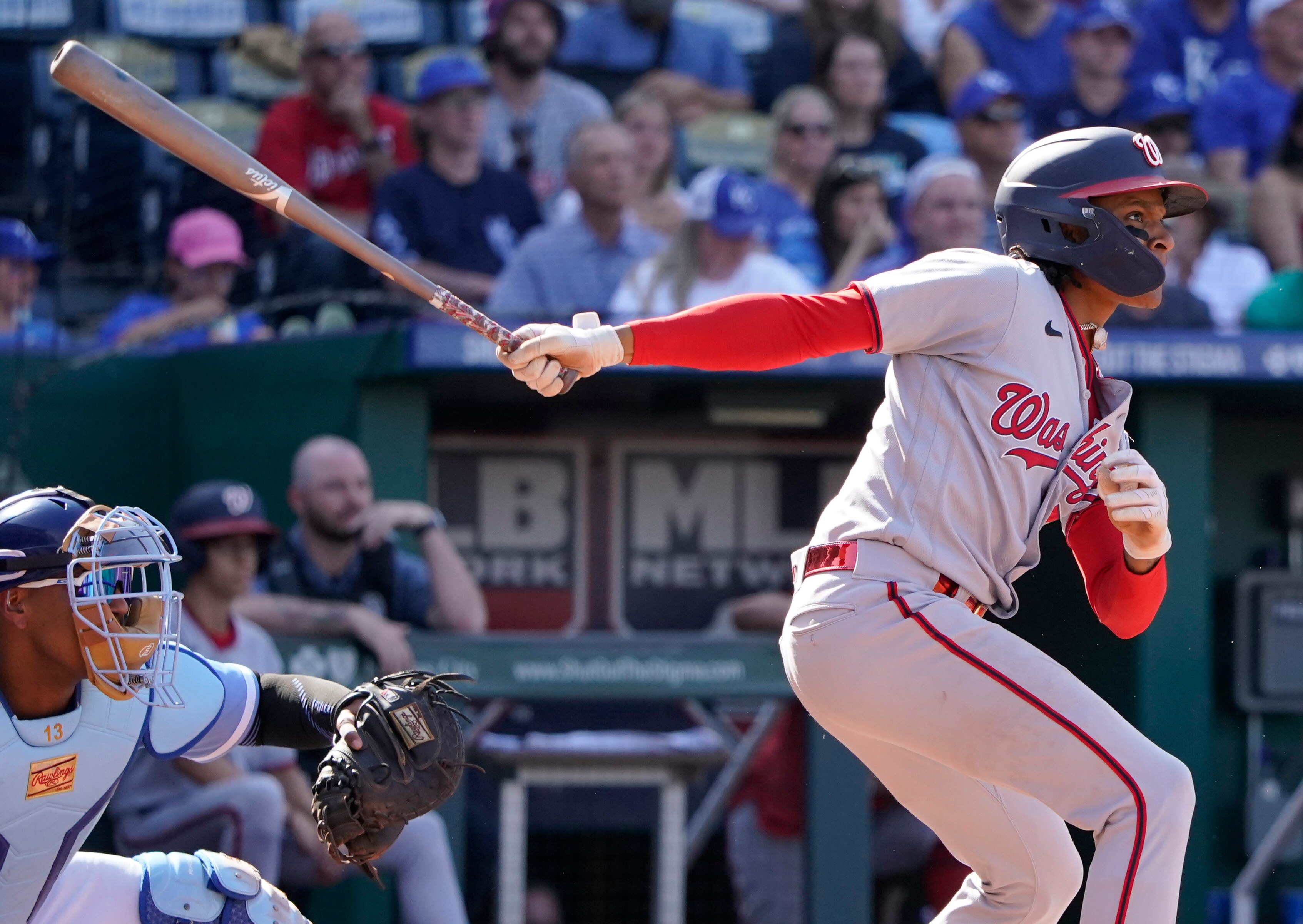 KANSAS CITY, MISSOURI - MAY 27:  CJ Abrams #5 of the Washington Nationals hits a two-run double against the Kansas City Royals in the sixth inning at Kauffman Stadium on May 27, 2023 in Kansas City, Missouri.
