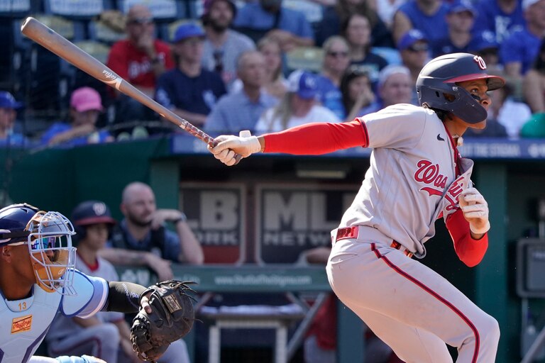 KANSAS CITY, MISSOURI - MAY 27: CJ Abrams #5 of the Washington Nationals hits a two-run double against the Kansas City Royals in the sixth inning at Kauffman Stadium on May 27, 2023 in Kansas City, Missouri.
