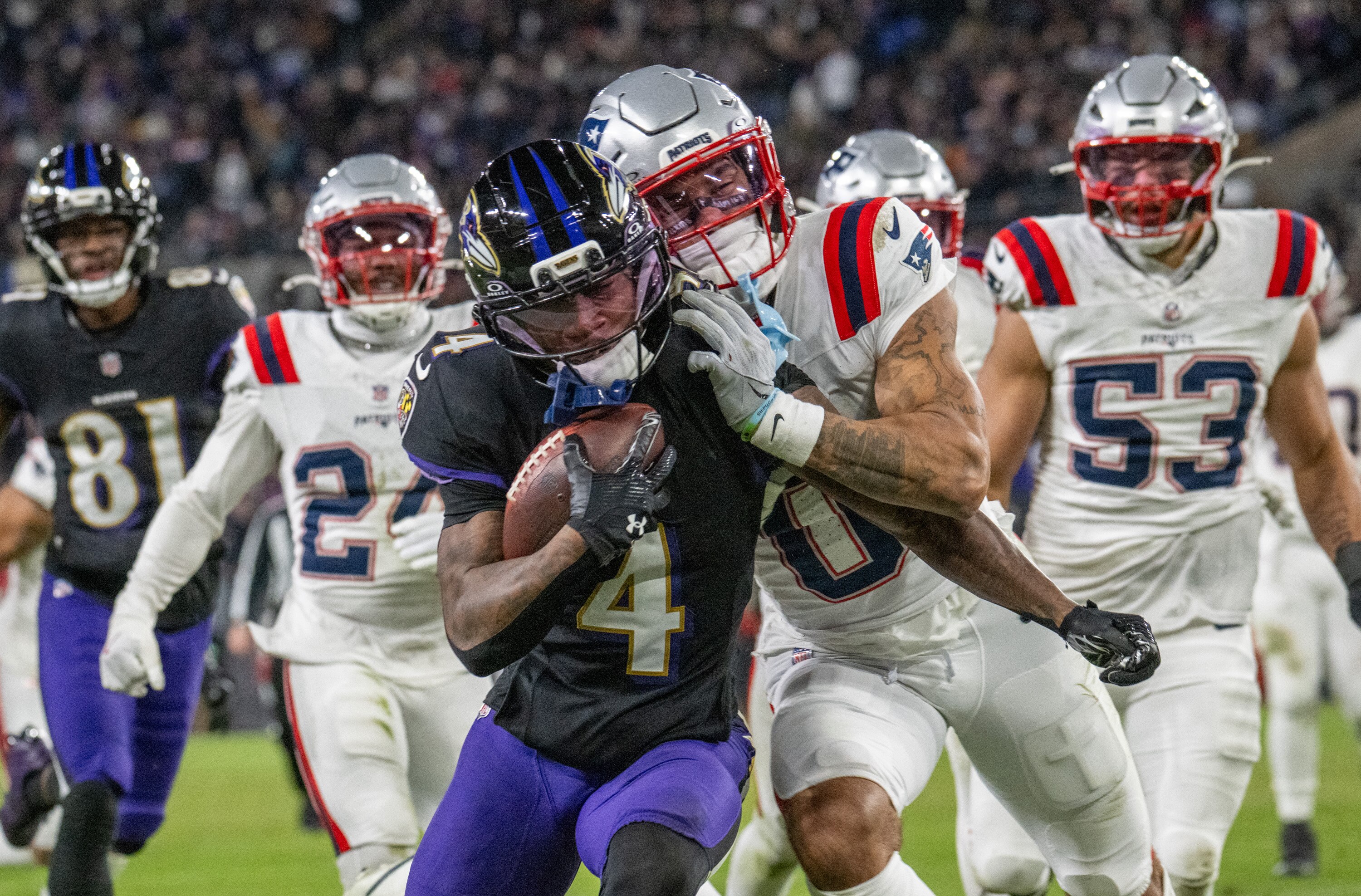 Ravens wide receiver Zay Flowers scores a touchdown in the third quarter of Sunday’s 28-24 loss to the Patriots.