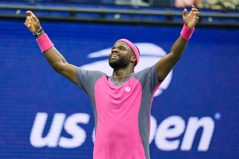 Frances Tiafoe, of the United States, celebrates winning a match against Alex Michelsen during the quarterfinal round of the U.S. Open on Tuesday.