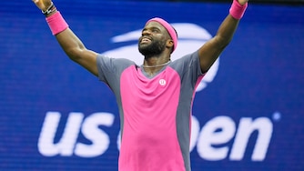 Frances Tiafoe, of the United States, celebrates winning a match against Alex Michelsen during the quarterfinal round of the U.S. Open on Tuesday.