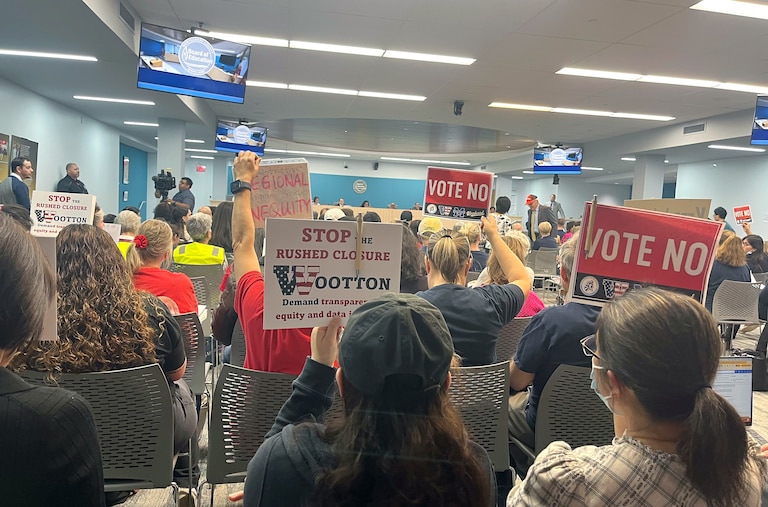 Community members packed the Montgomery County Public Schools’ headquarters in Rockville to protest a vote over new campus boundaries and programs.