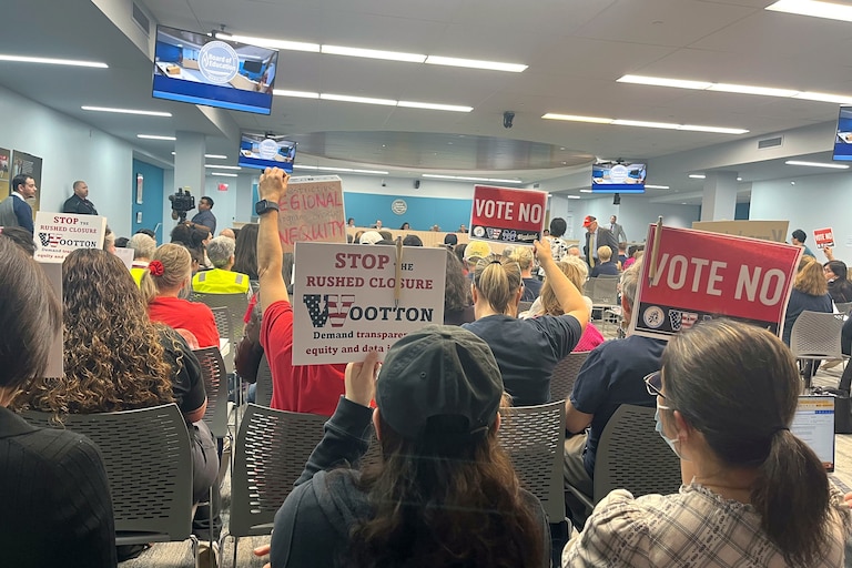 Community members packed the Montgomery County Public Schools’ headquarters in Rockville to protest a vote over new campus boundaries and programs.