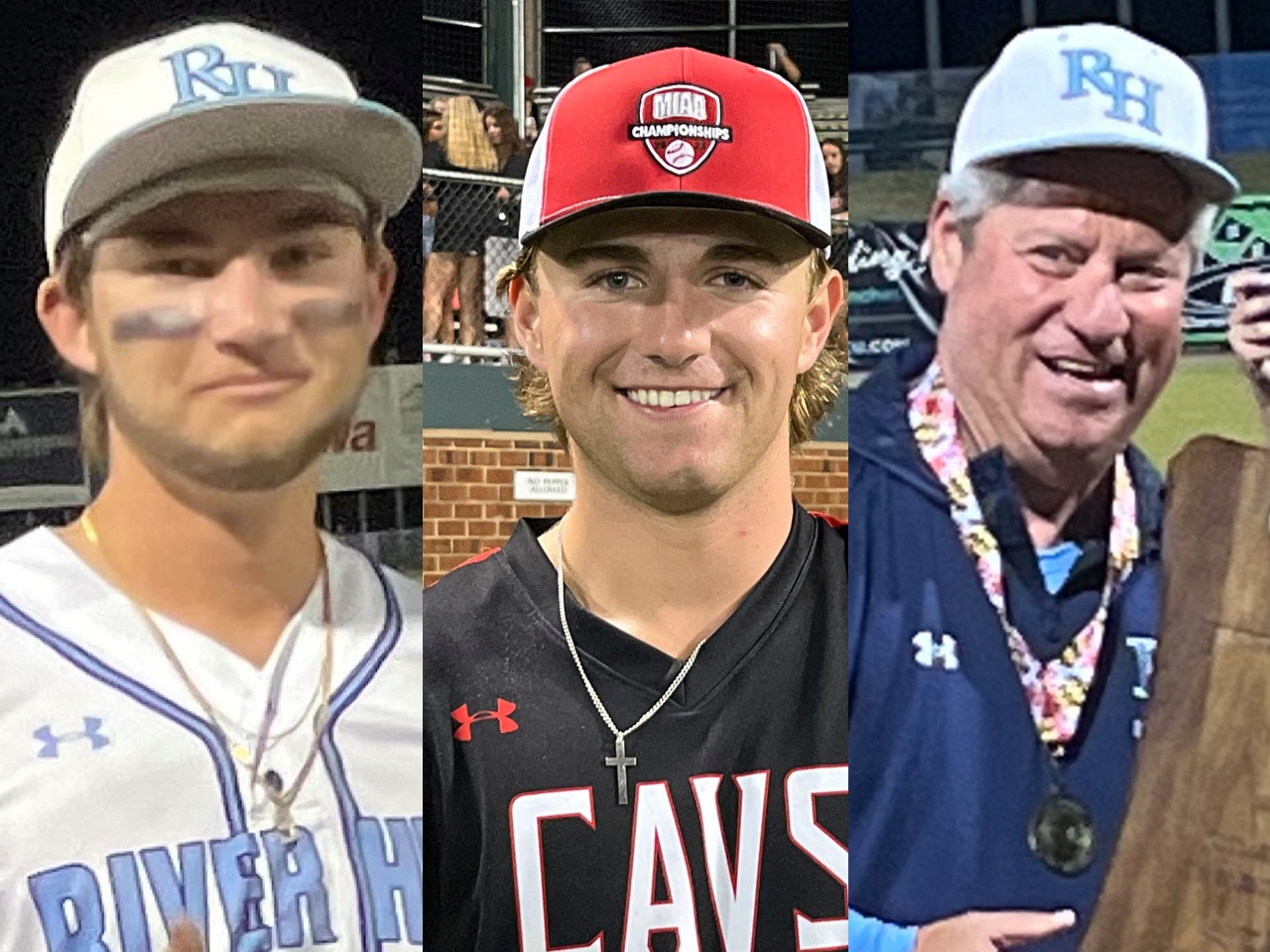 (From left) River Hill's Henry Zatkowski, the 2023 Baltimore Banner/VSN Baseball Player of the Year, Archbishop Spalding’s Parker Thomas, the 2023 Baltimore Banner/VSN Baseball Pitcher of the Year and River Hill’s Craig Estrin, the 2023 Baltimore Banner/VSN Baseball Coach of the Year, were the best of the best on the diamond this spring.