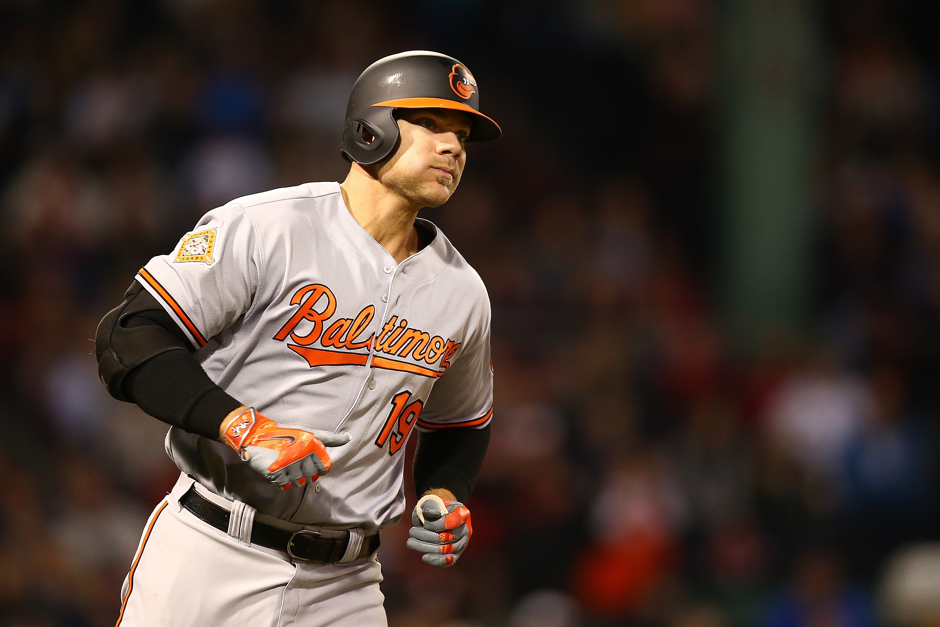 Former Orioles slugger Chris Davis rounds the bases after hitting a solo home run in the second inning of a game against the Boston Red Sox at Fenway Park on April 12, 2017, in Boston, Massachusetts. 