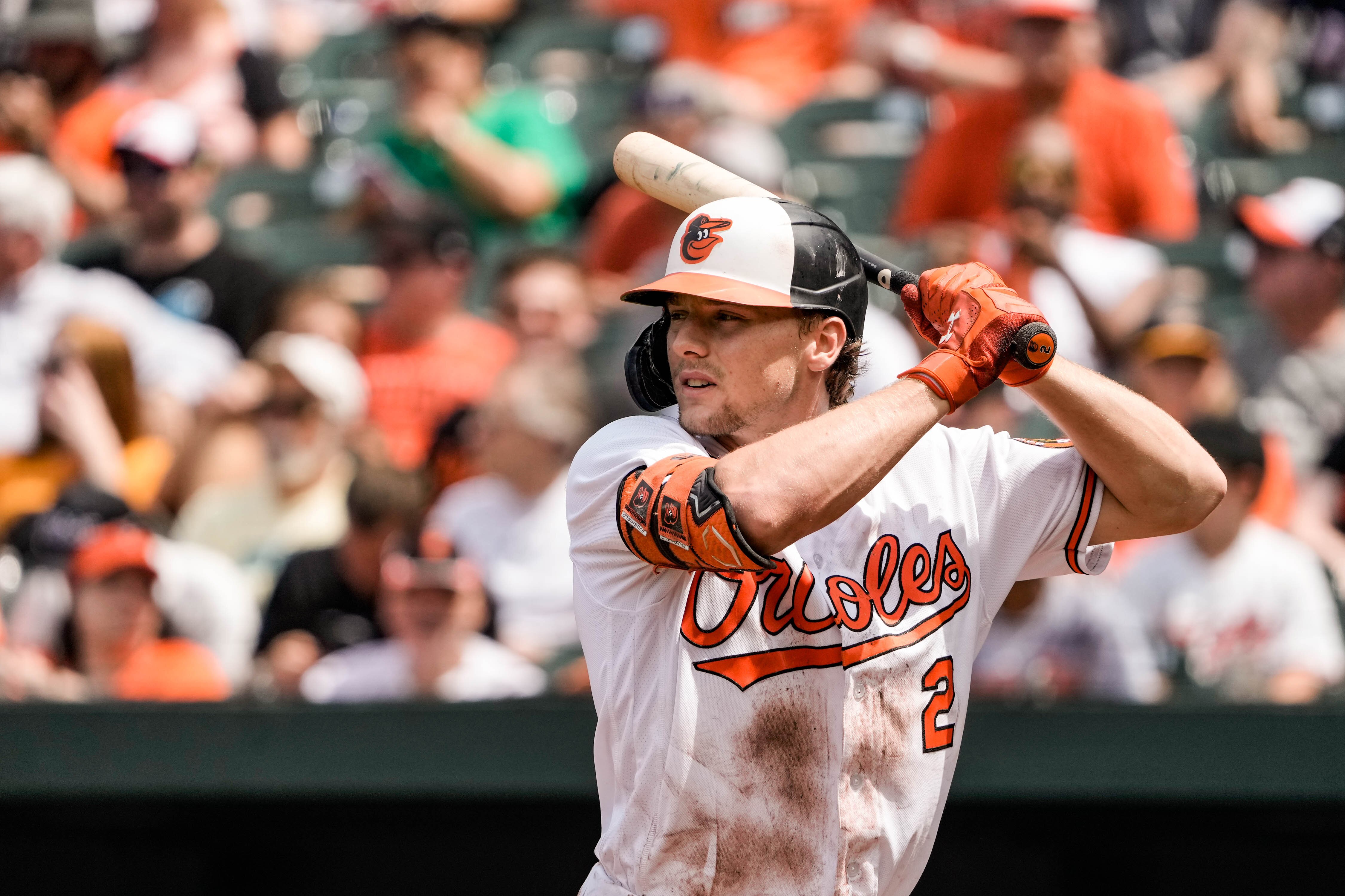 Orioles designated hitter Gunnar Henderson stands at bat during the final game of the series against the Los Angeles Dodgers at Camden Yards on July 19, 2023.