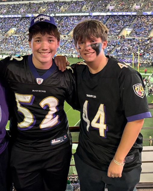 Liam O’Donoghue, left, and Ryan Duvall at a Ravens game.