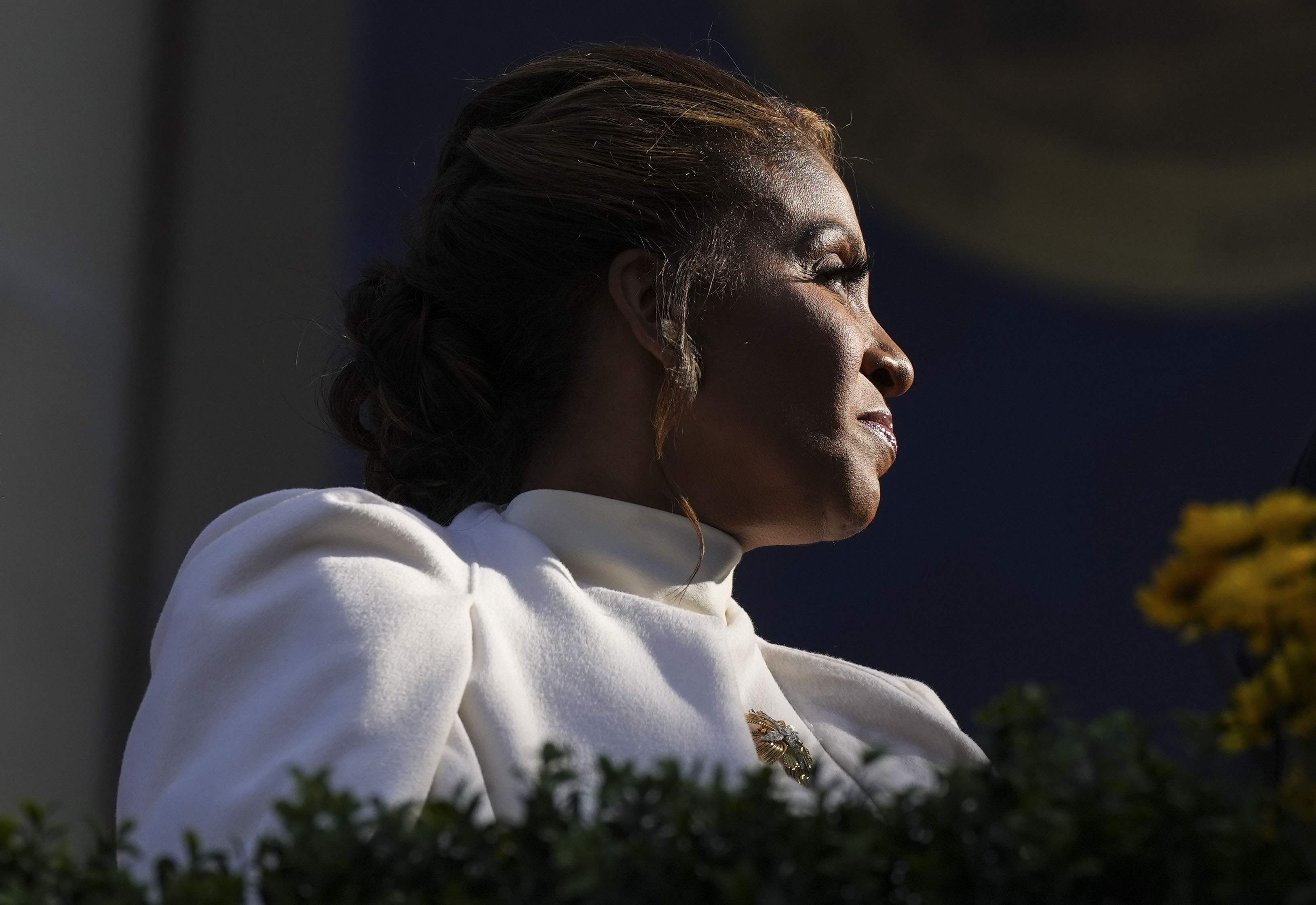Dawn Moore listens to speakers during her husband, Wes Moore’s inauguration as the First African-American governor for the State of Maryland, at the Maryland State House, in Annapolis, MD, Wednesday, January 18, 2023.