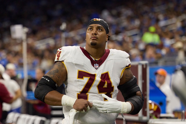Washington Commanders guard Brandon Coleman (74) looks on against the Detroit Lions during an NFL preseason football game in Detroit, Saturday, Aug. 22, 2026. (AP Photo/Rick Osentoski)