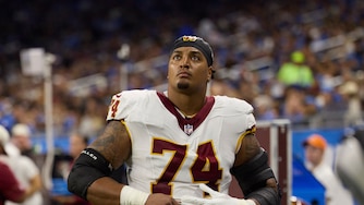 Washington Commanders guard Brandon Coleman (74) looks on against the Detroit Lions during an NFL preseason football game in Detroit, Saturday, Aug. 22, 2026. (AP Photo/Rick Osentoski)