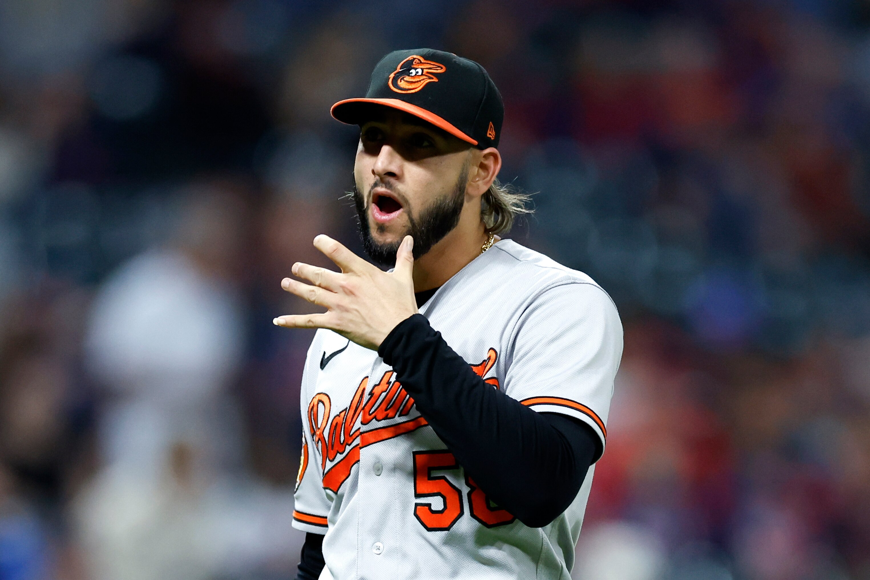 Orioles reliever Cionel Pérez leaves the mound during the eighth inning, when the Guardians scored the deciding runs in their 5-2 victory.