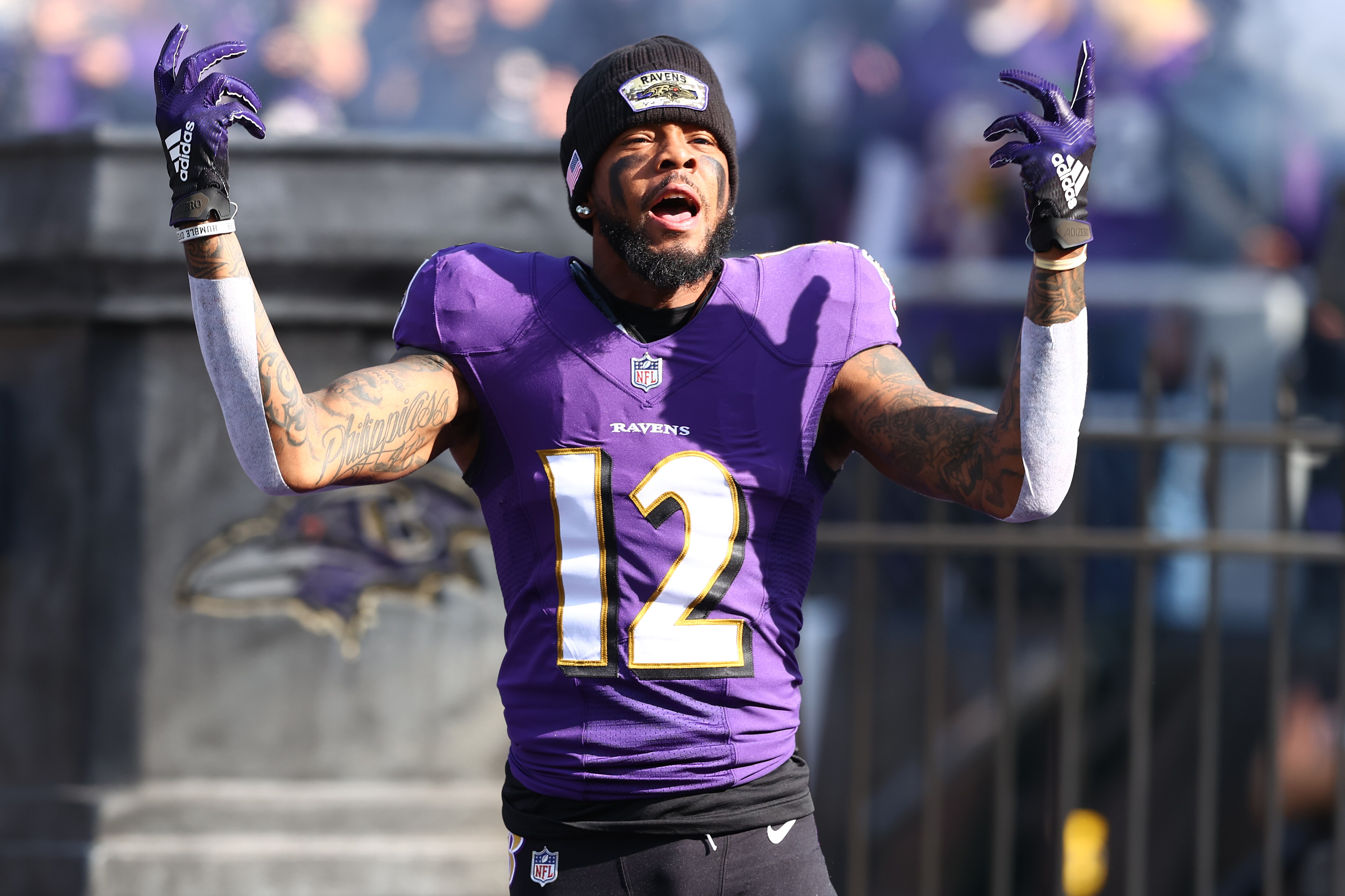 Rashod Bateman #12 of the Baltimore Ravens reacts during the game against the Minnesota Vikings at M&T Bank Stadium on November 07, 2021 in Baltimore, Maryland.