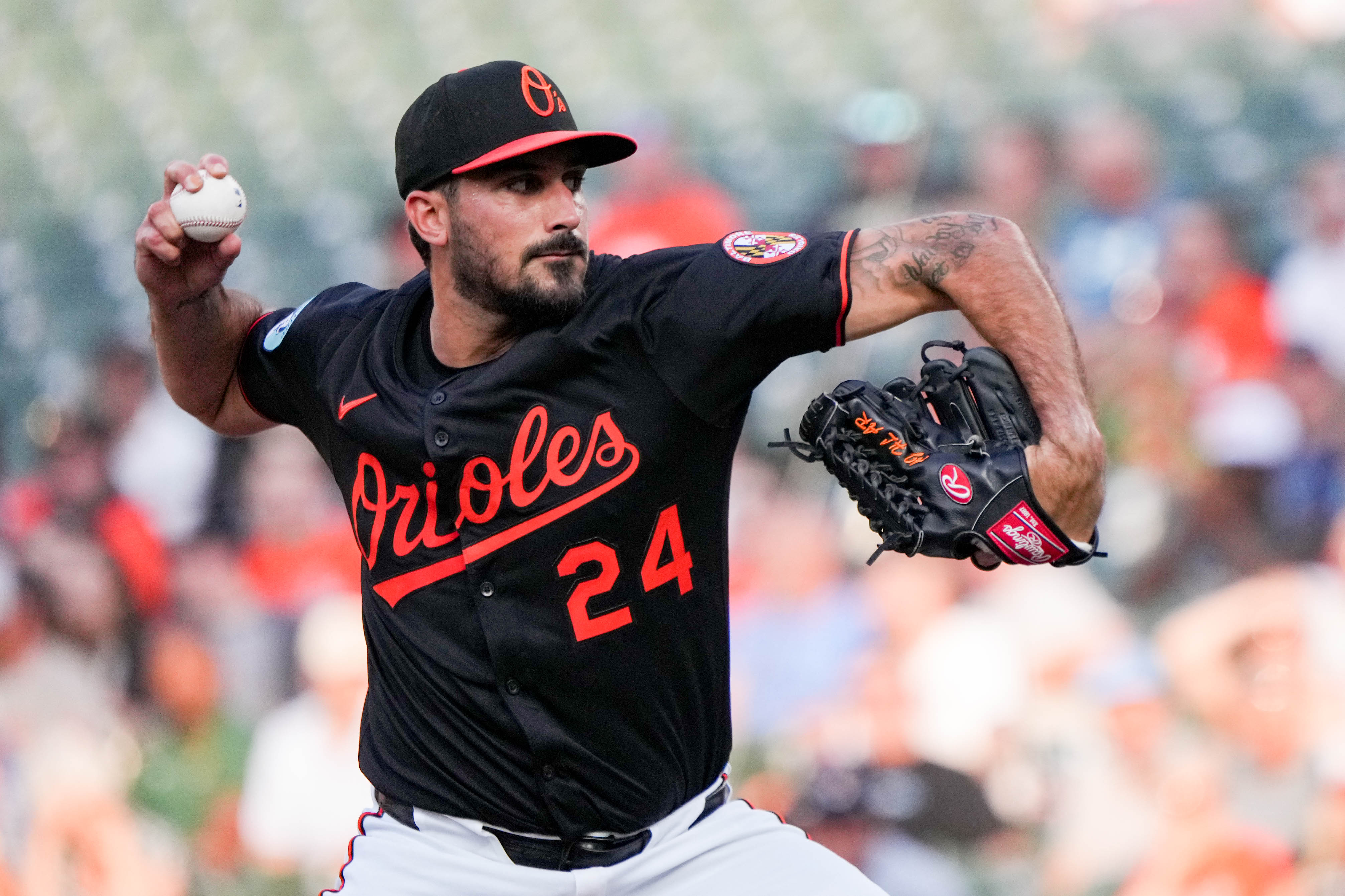 Baltimore Orioles pitcher Zach Eflin (24) delivers a pitch during a game against the Detroit Tigers at Oriole Park at Camden Yards in Baltimore, Md. on Wednesday, June 11, 2025.