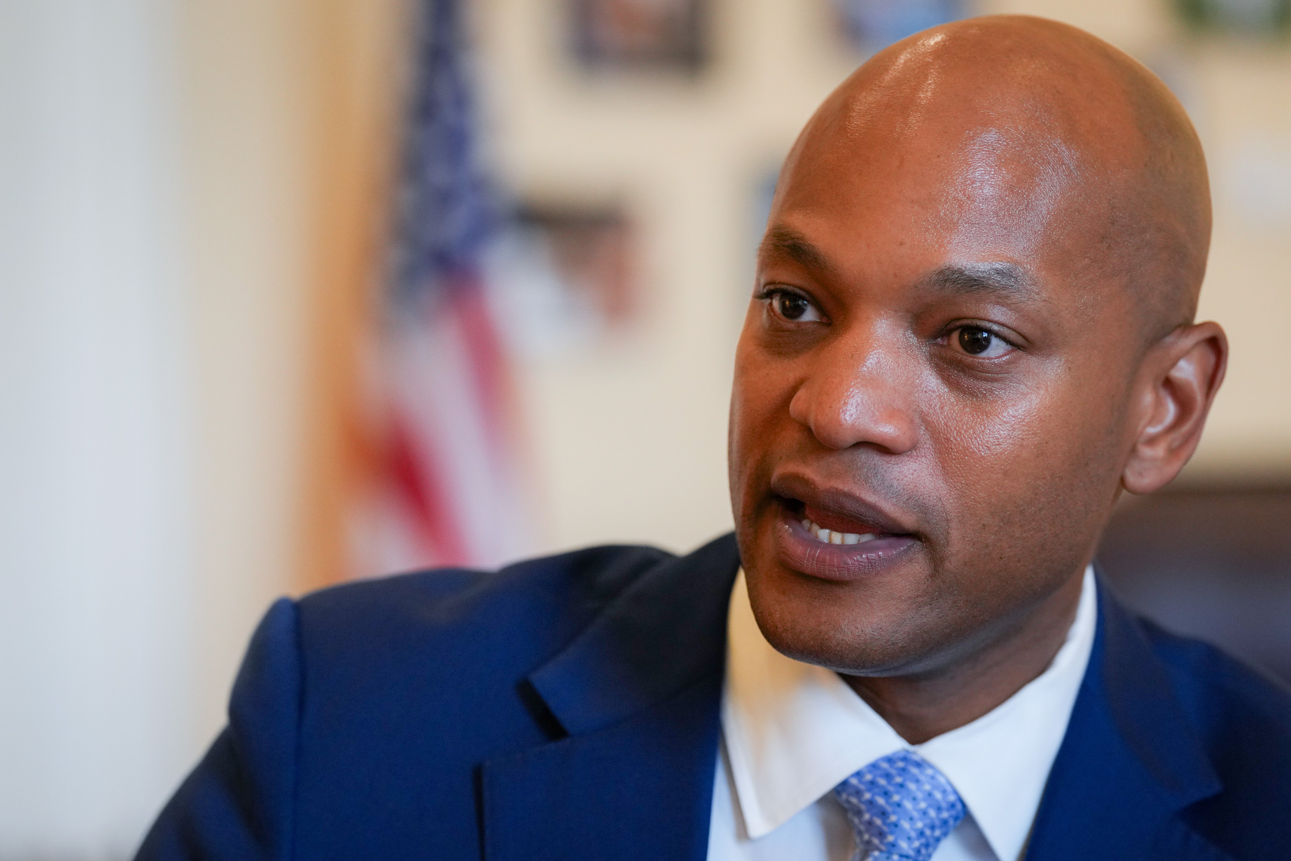 Gov. Wes Moore is photographed during an interview with The Baltimore Banner in his office on June 29, 2023, at the Maryland State House.