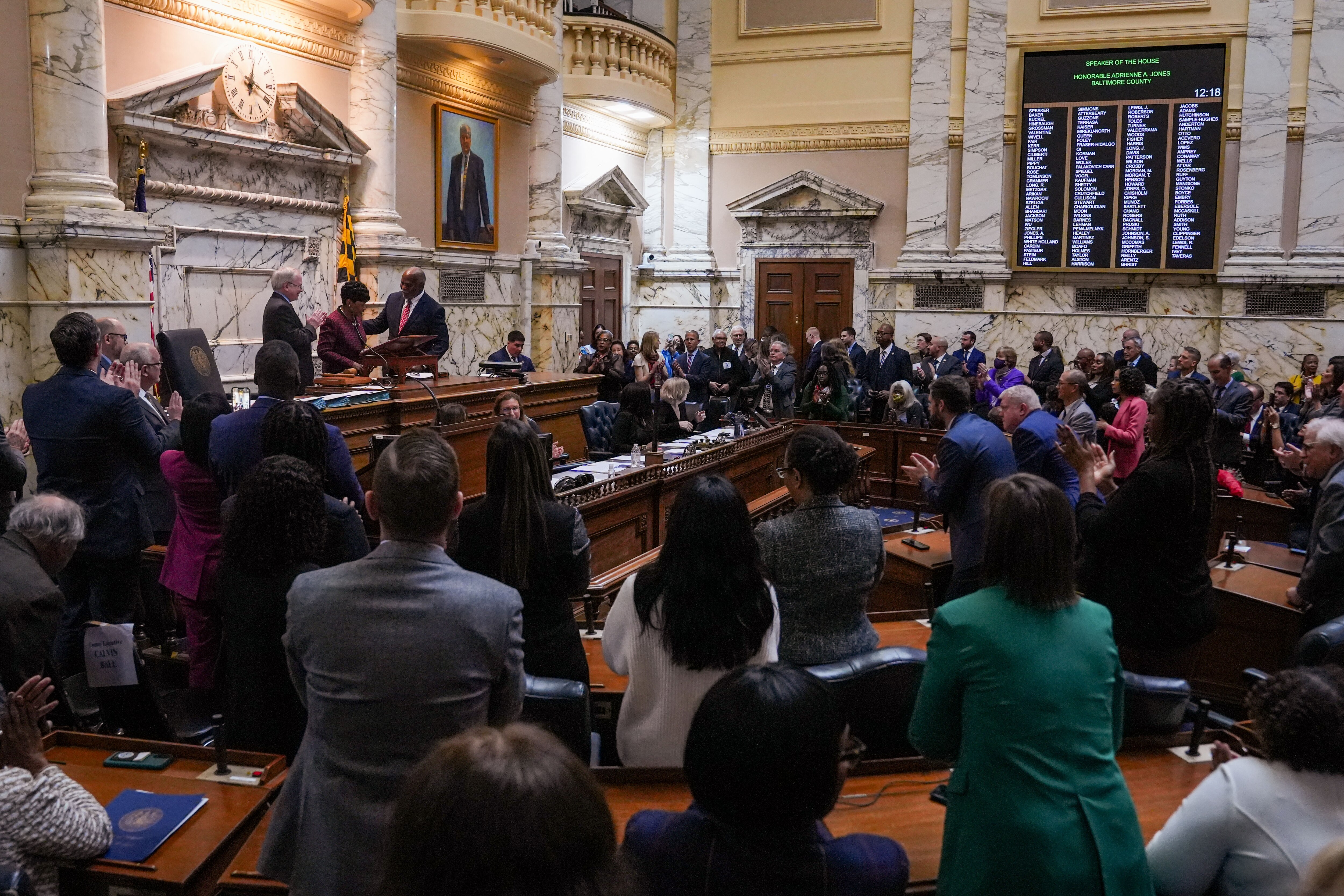 Del. Adrienne A. Jones is sworn in as speaker of the Maryland House of Delegates to a standing ovation at the Maryland State House in Annapolis on Jan. 10, 2024. The 90-day General Assembly session convenes at noon Wednesday and will adjourn on Monday, April 8.