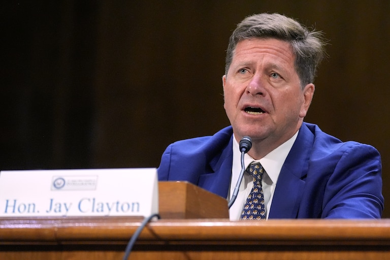 Jay Clayton testifies during a Senate Intelligence Committee confirmation hearing to be the next Director of National Intelligence on Capitol Hill, Wednesday, July 15, 2026, in Washington. (AP Photo/Mariam Zuhaib)