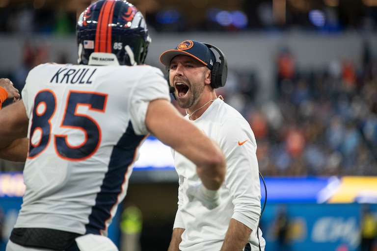 Denver Broncos tight ends coach Declan Doyle reacts during an NFL football game against the Los Angeles Chargers, Sunday, Dec. 10, 2023, in Inglewood, Calif. (AP Photo/Kyusung Gong)