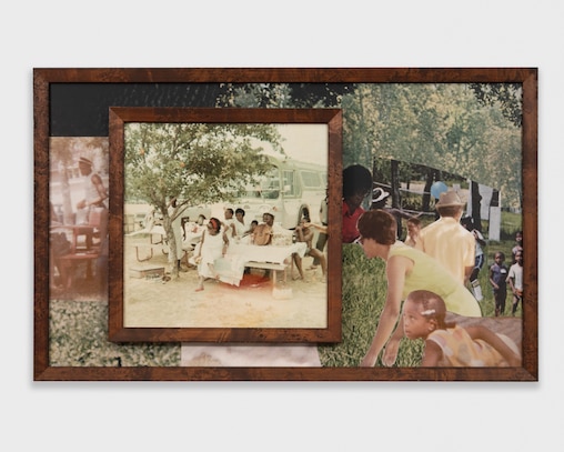Bria Sterling-Wilson’s “The Get Together” is a collage made with images from her grandmother’s photo albums and cutouts from old magazines.