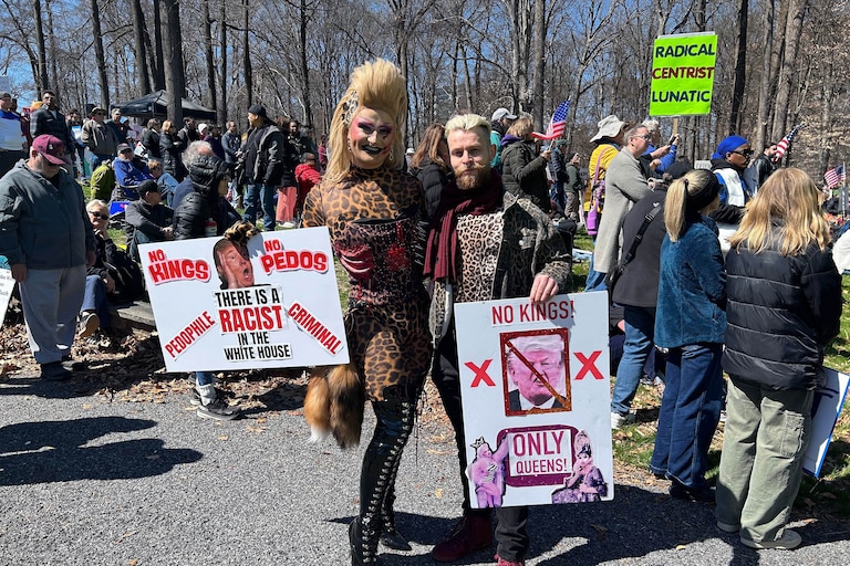 SATURDAY, MARCH 28, 2026 - Dustyn Dawn, a drag performer, and her partner at the No Kings protest at Chrysalis at Merriweather Park at Symphony Woods in Columbia.
