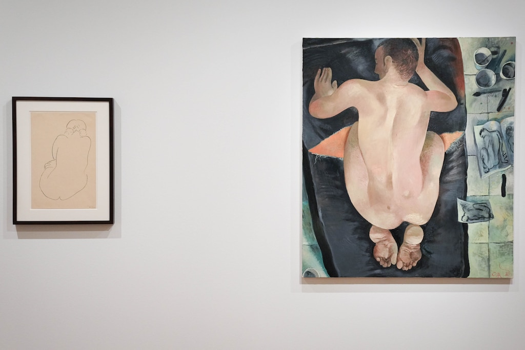 At left, “Seated nude, viewed from behind” by Henri Matisse and at right, “Studio nude” by Louis Fratino on display at the Fratino and Matisse: To See This Light Again exhibit at the Baltimore Museum of Art