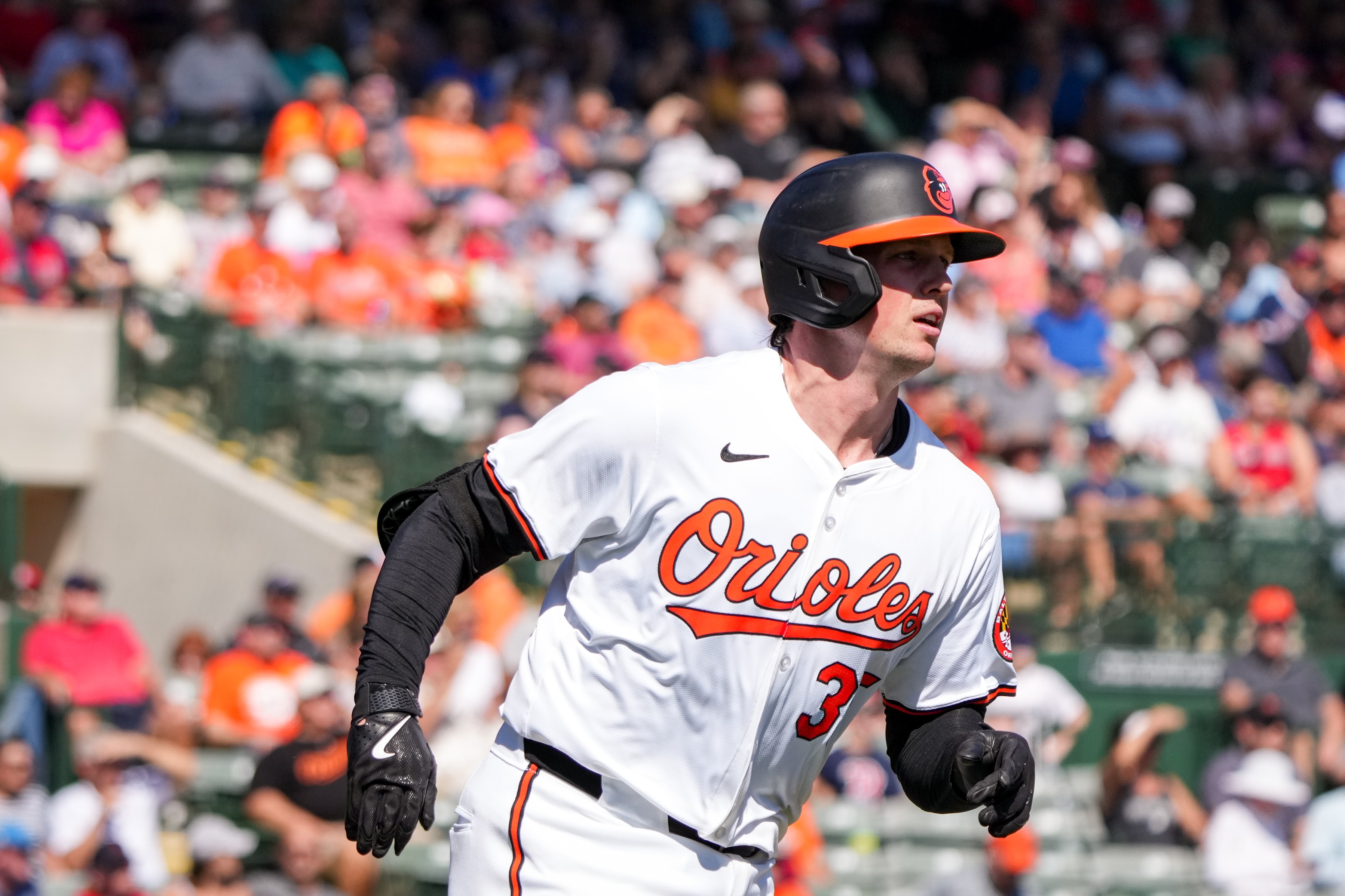 Baltimore Orioles catcher Adley Rutschman (35) runs to first base during the team’s home opener against the Boston Red Sox at Ed Smith Stadium on Feb. 24.