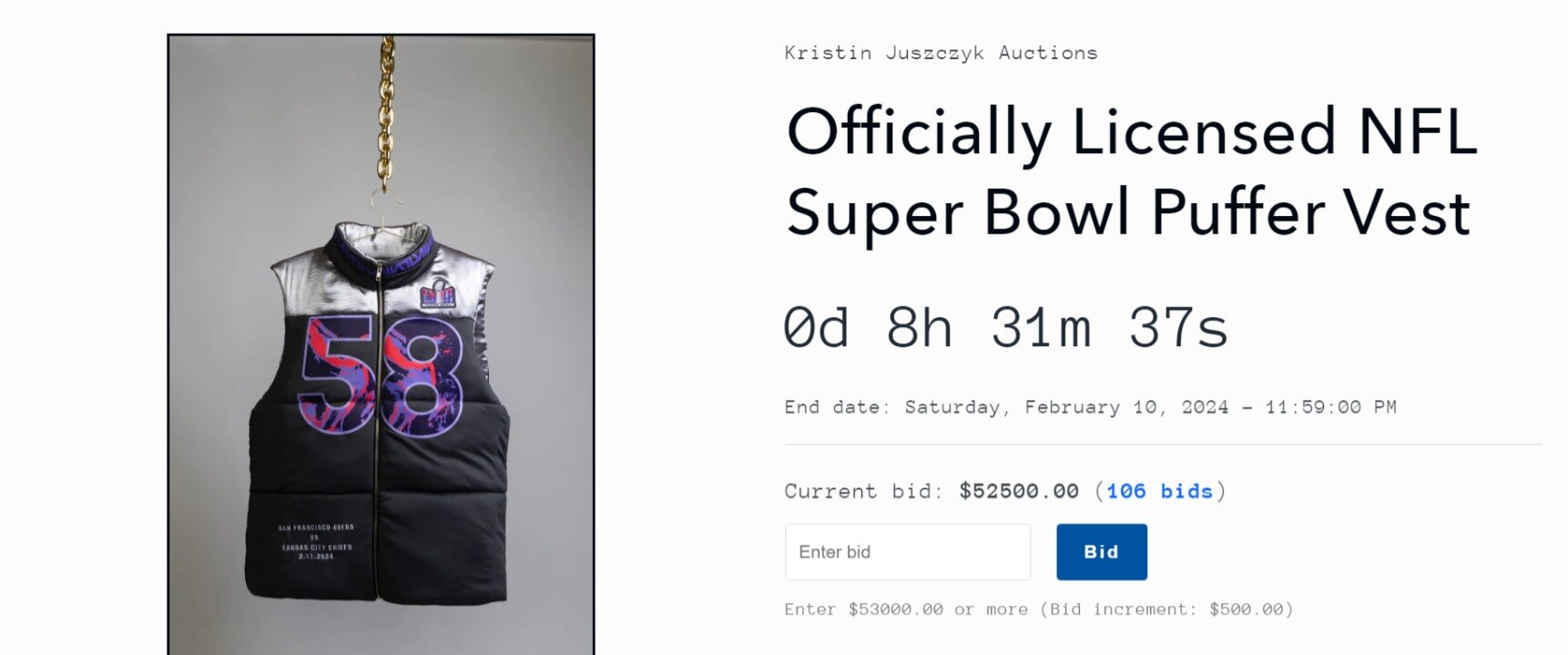 A custom Super Bowl puffer vest is being auctioned by Kristin Juszczyk, a Towson University grad whose designs have appeared on Taylor Swift and Simone Biles this season.