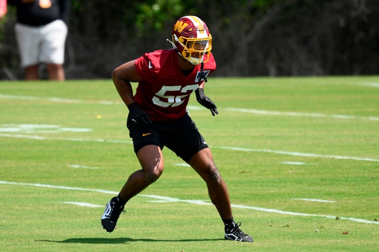 Washington Commanders linebacker Sonny Styles works out during rookie minicamp on May 8.