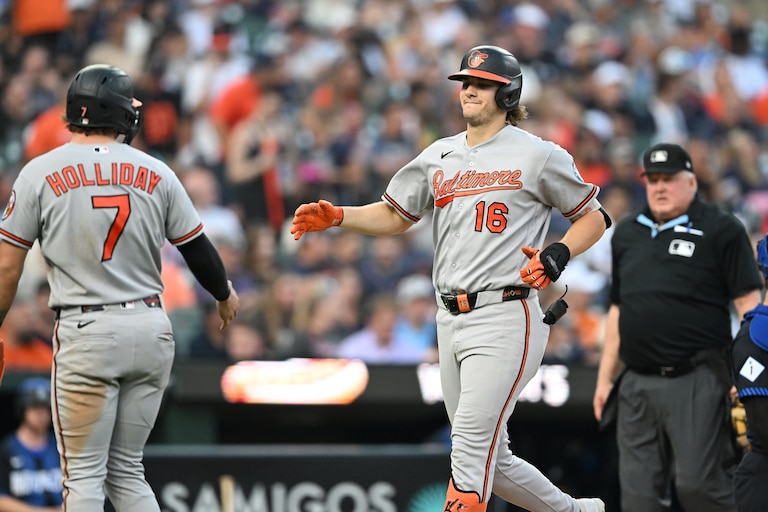 Orioles' Coby Mayo (16) is congratulated by Jackson Holliday (7) after hitting a two-run home run during the fifth inning.
