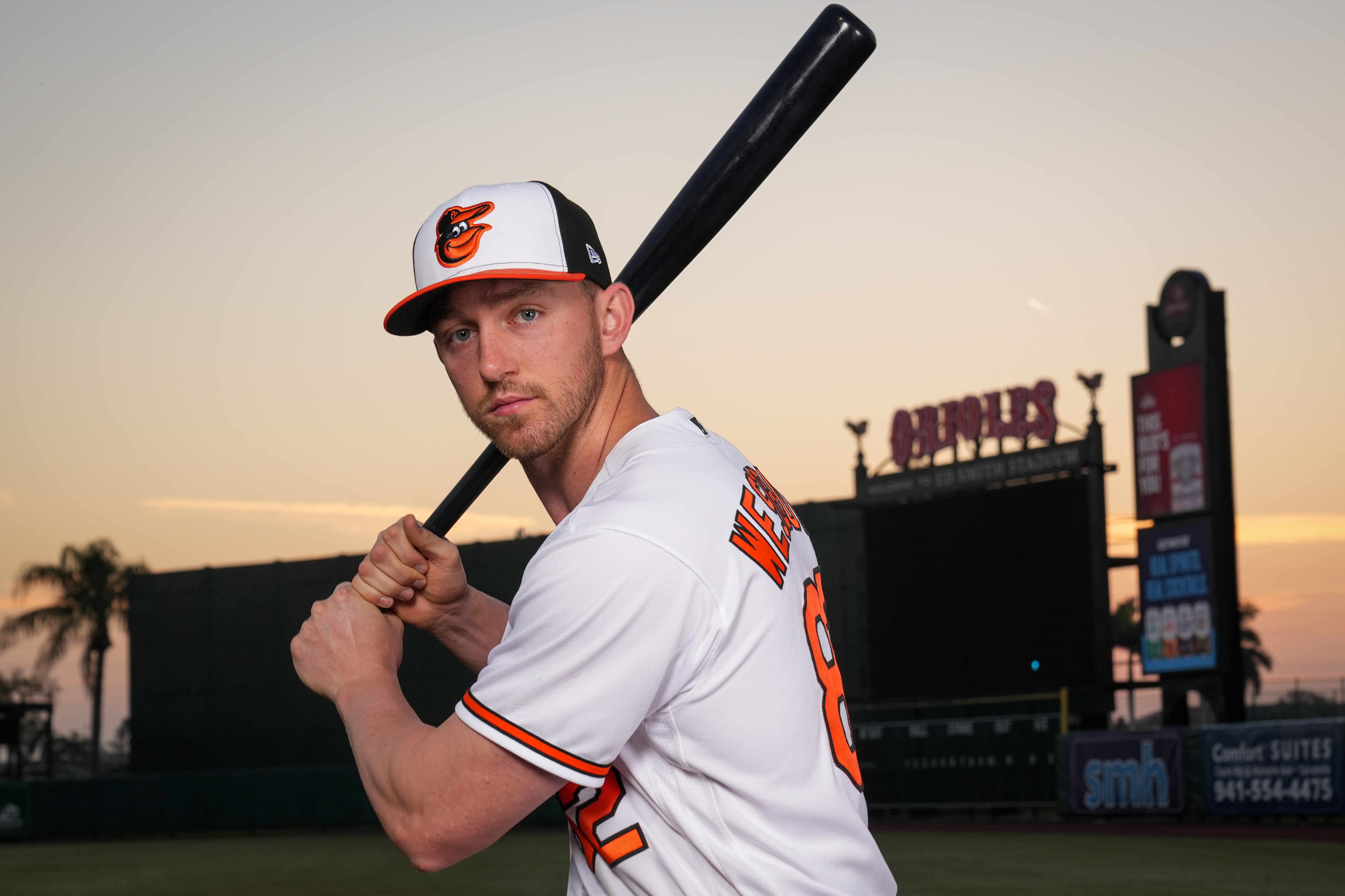 Jordan Westburg (82) poses for a portrait during Photo Day at Ed Smith Stadium in Sarasota.
