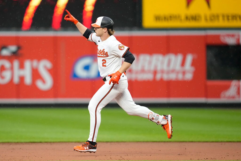 Gunnar Henderson, #2 of the Baltimore Orioles, celebrates hitting a grand slam in the second inning inning during a baseball game against the Boston Red Sox at Oriole Park at Camden Yards on May 29, 2024 in Baltimore, Maryland.