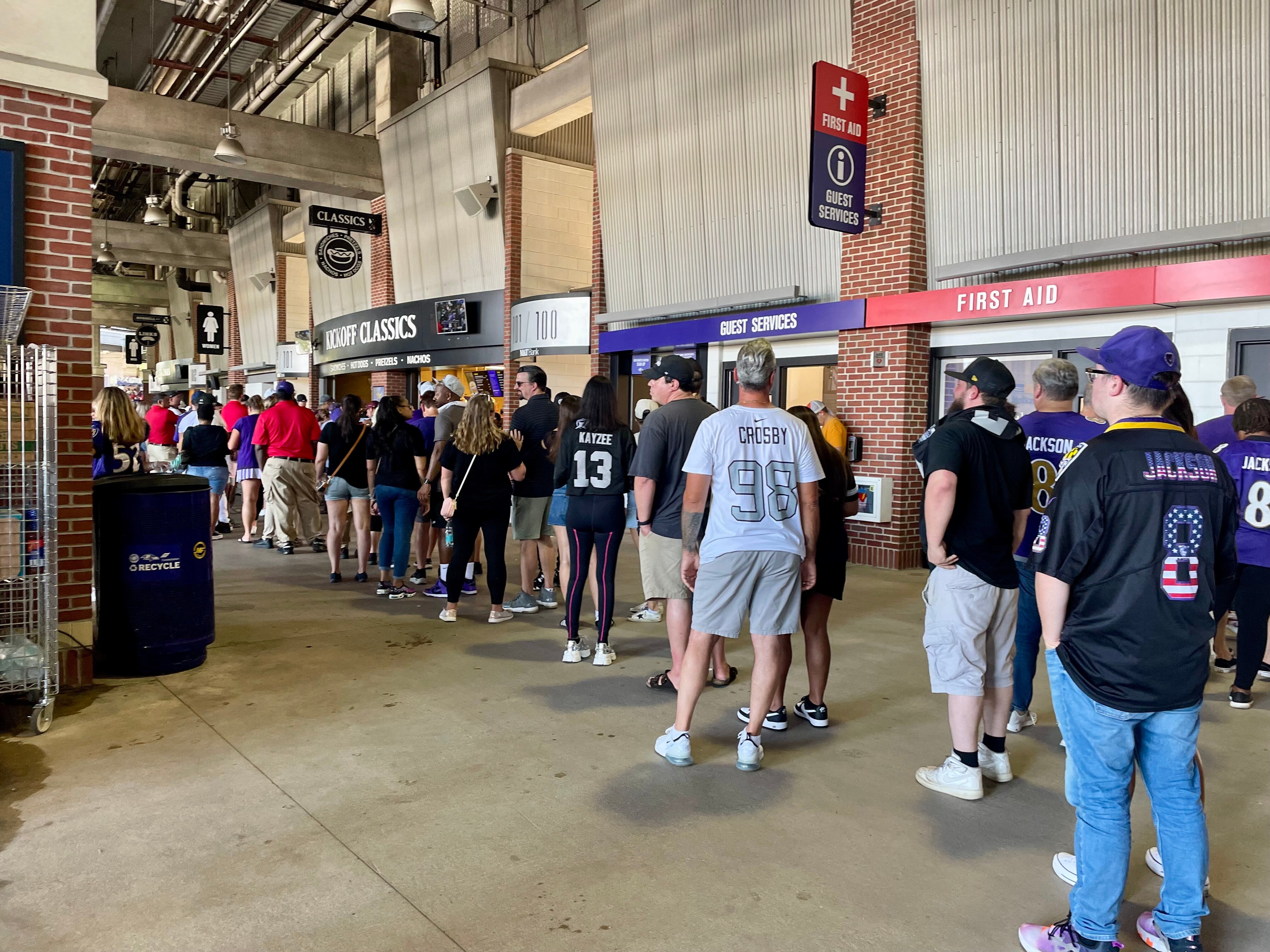 Ravens fans reported long lines and shortages of water at Sunday's Ravens home opener at M&T Bank Stadium.