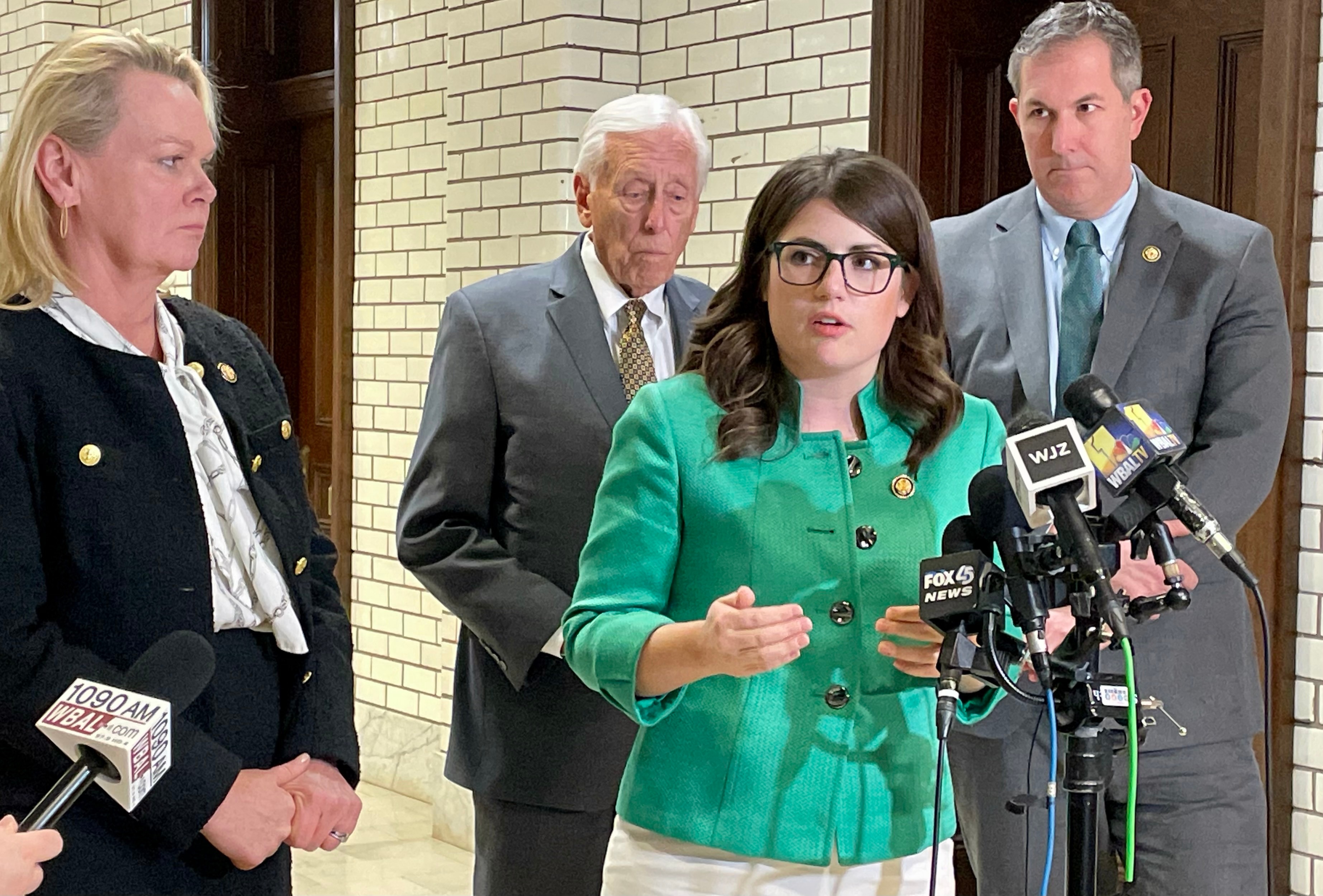 Congresswoman Sarah Elfreth and members of Maryland's federal delegation speak with reporters Wednesday on President Trump's hold on federal funds.