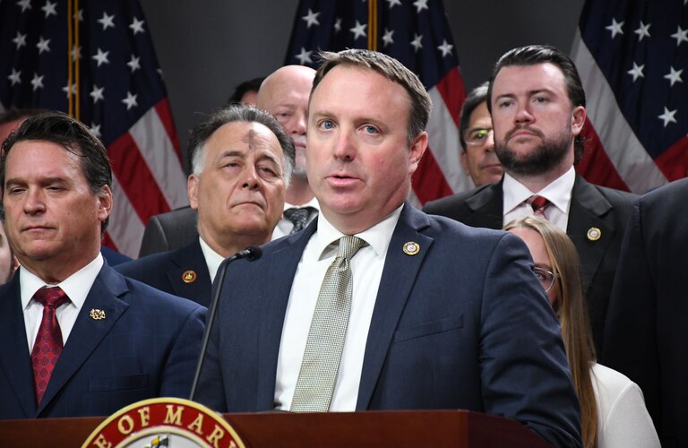 Del. Jeff Ghrist talks about education issues during a press conference with Republican lawmakers in Annapolis on Wednesday, Feb. 22, 2023.