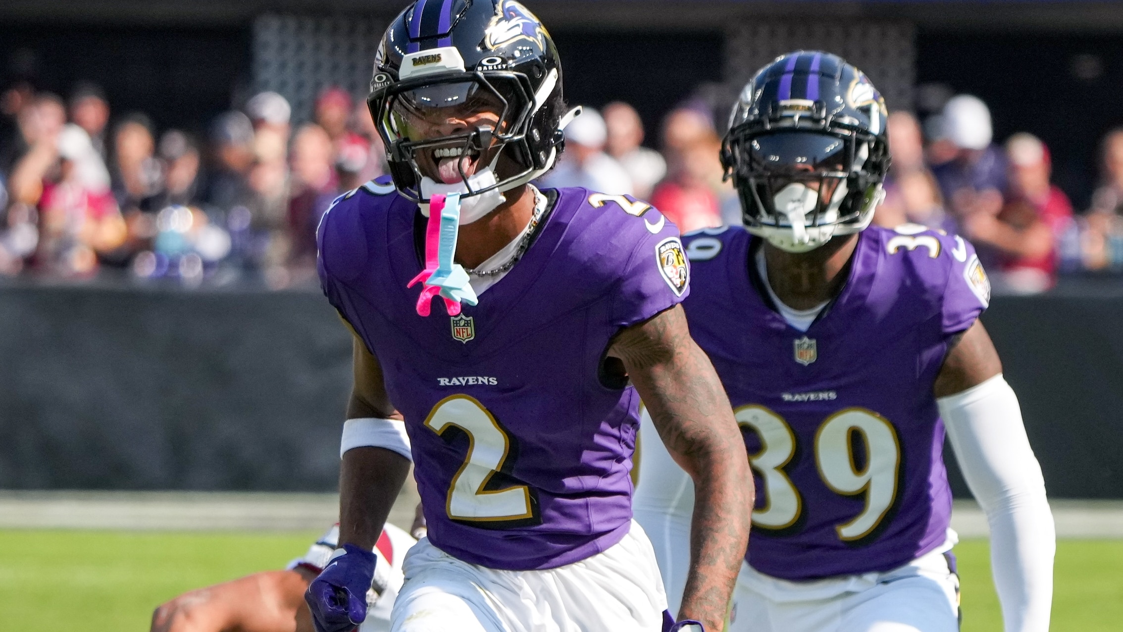 Baltimore Ravens cornerback Nate Wiggins (2) celebrates a defensive stop near the end of the first quarter during a game against the Washington Commanders at M&T Bank Stadium in Baltimore on Sunday, October 13, 2024.