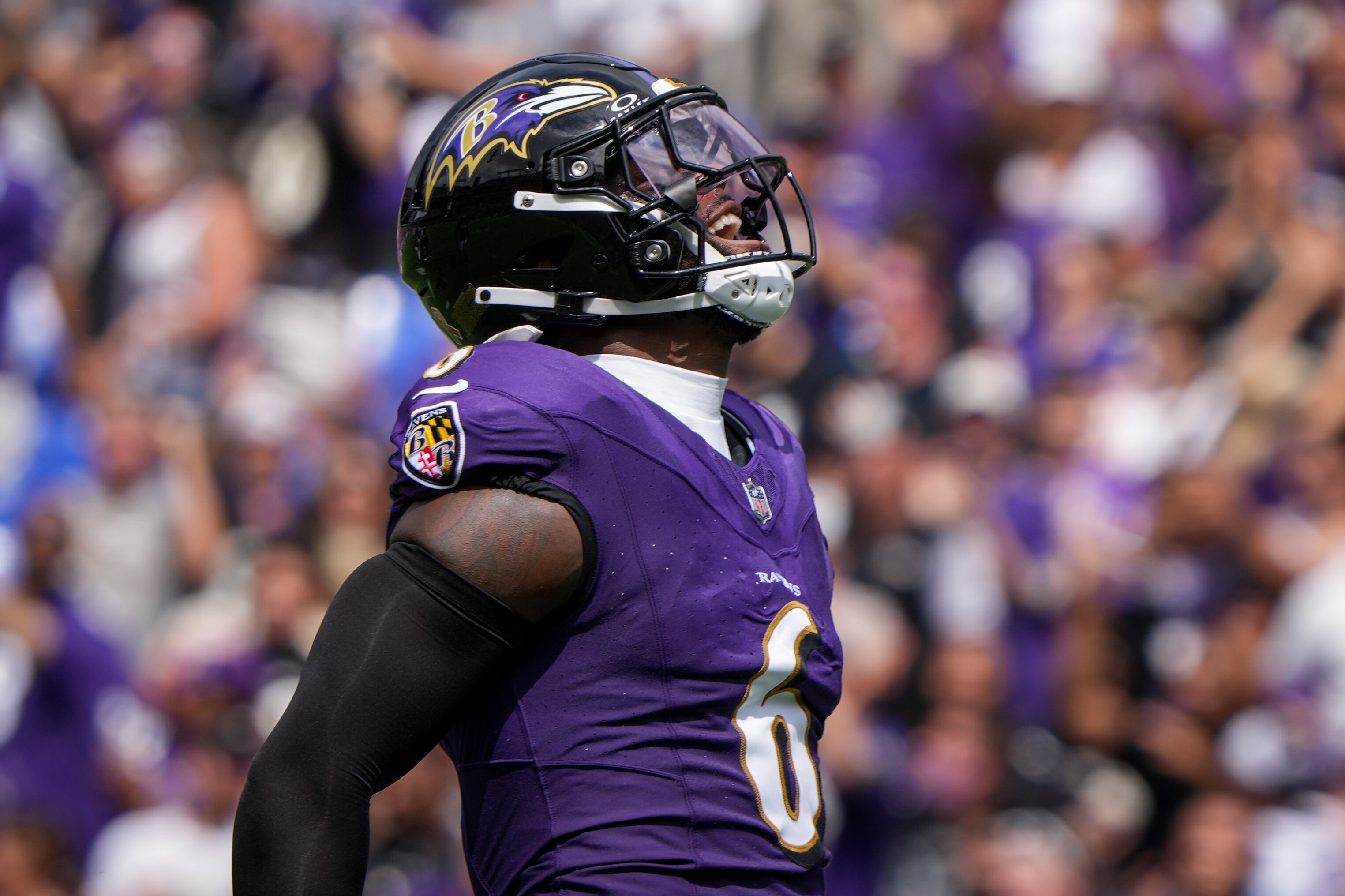 Baltimore Ravens linebacker Patrick Queen (6) celebrates after sacking the opposing quarterback in the opening game of the season against the Houston Texans at M&T Bank Stadium on Sunday, Sept. 10, 2023.