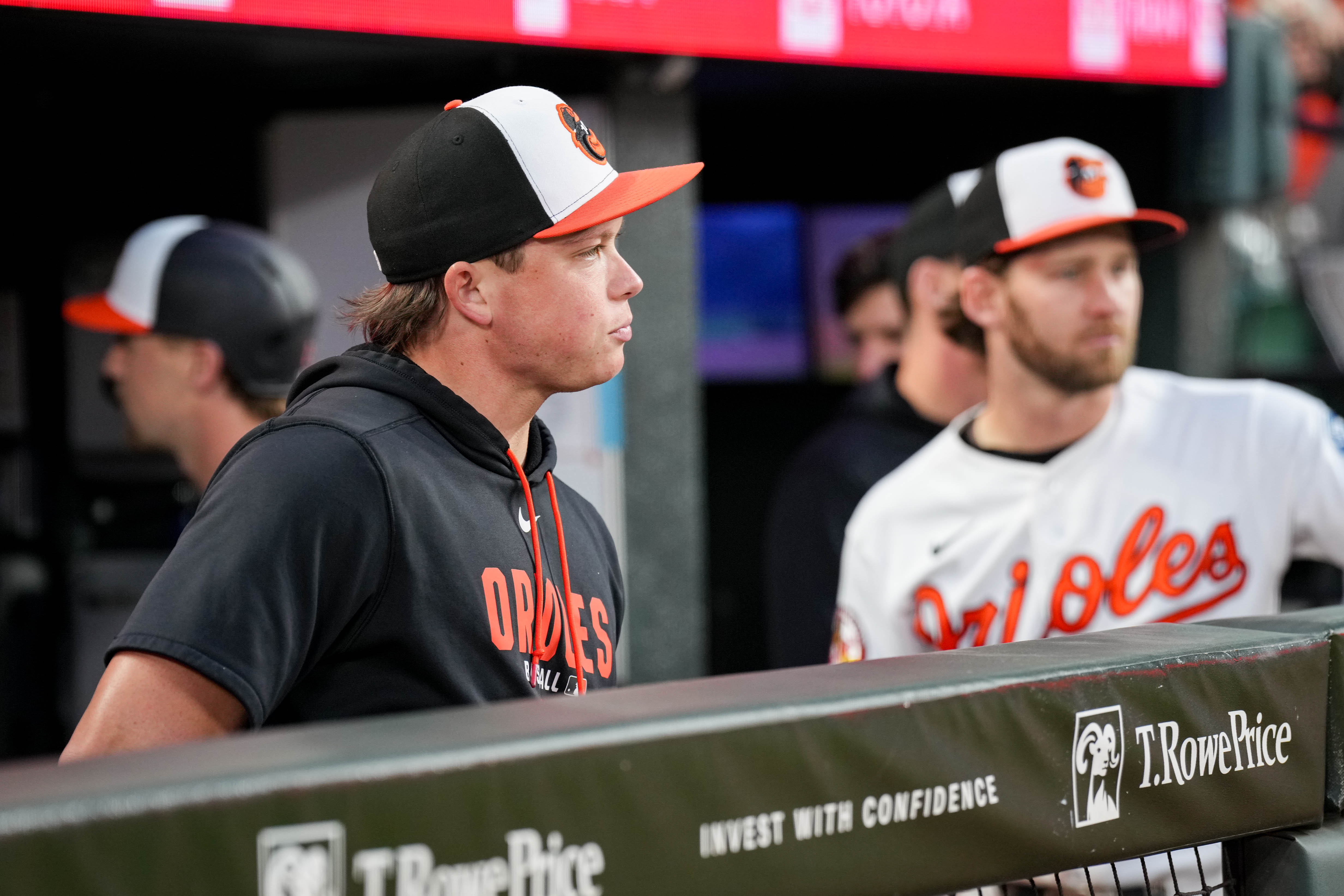 Orioles infielder Jackson Holliday watches his teammates from the dugout during a game against the Houston Astros on April 28.