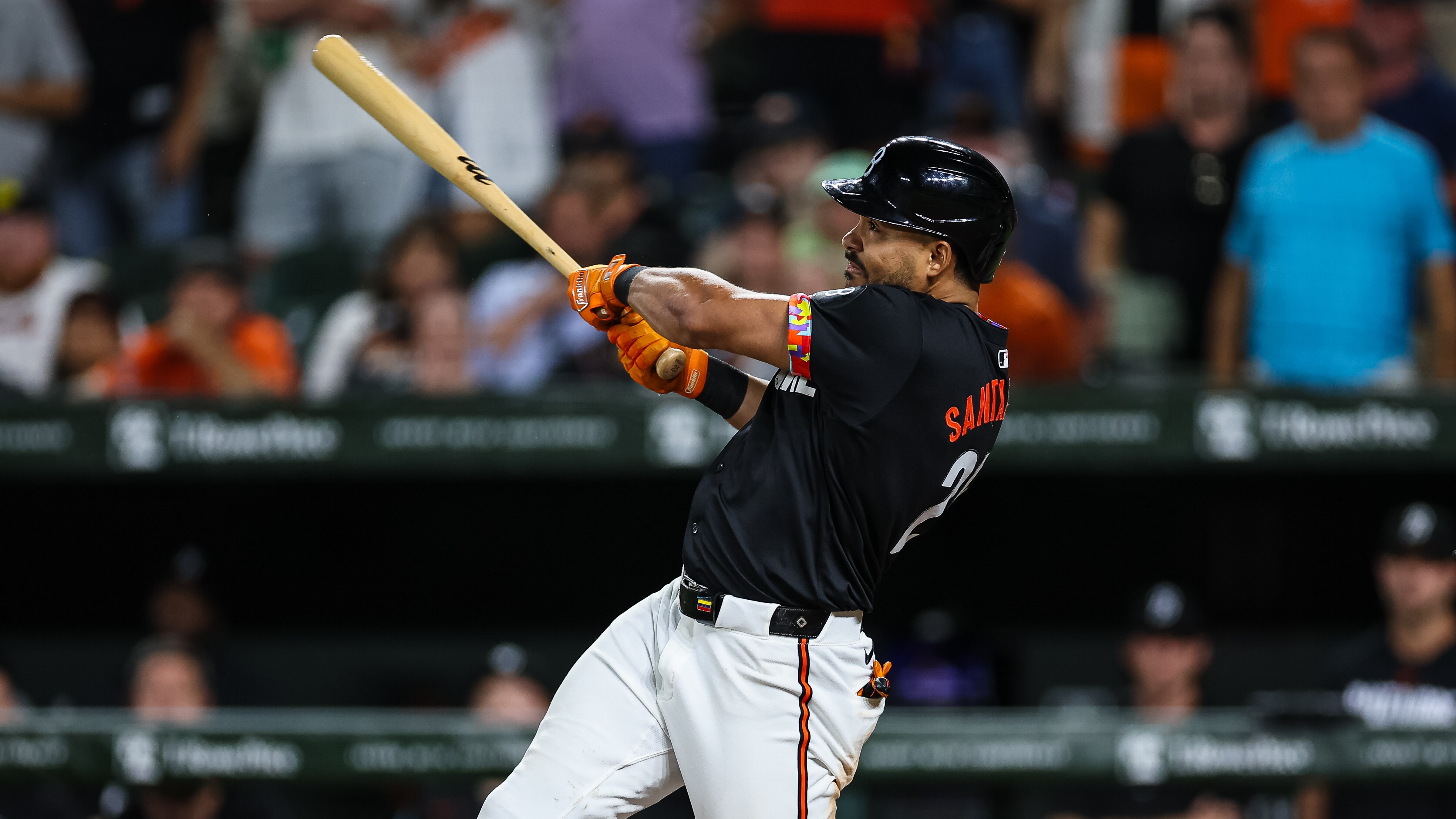 BALTIMORE, MD - AUGUST 23: Anthony Santander #25 of the Baltimore Orioles hits a grand slam during the eighth inning against the Houston Astros at Oriole Park at Camden Yards on August 23, 2024 in Baltimore, Maryland. (Photo by Scott Taetsch/Getty Images)