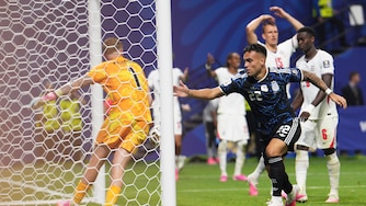 Argentina's Lautaro Martinez (22) celebrates after scoring his side's second goal during the World Cup semifinal soccer match between England and Argentina in Atlanta, Wednesday, July 15, 2026. (AP Photo/Jacob Kupferman)