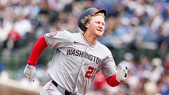 Washington Nationals outfielder Joey Wiemer runs towards third base for a triple in the fourth inning against the Chicago Cubs on March 29.