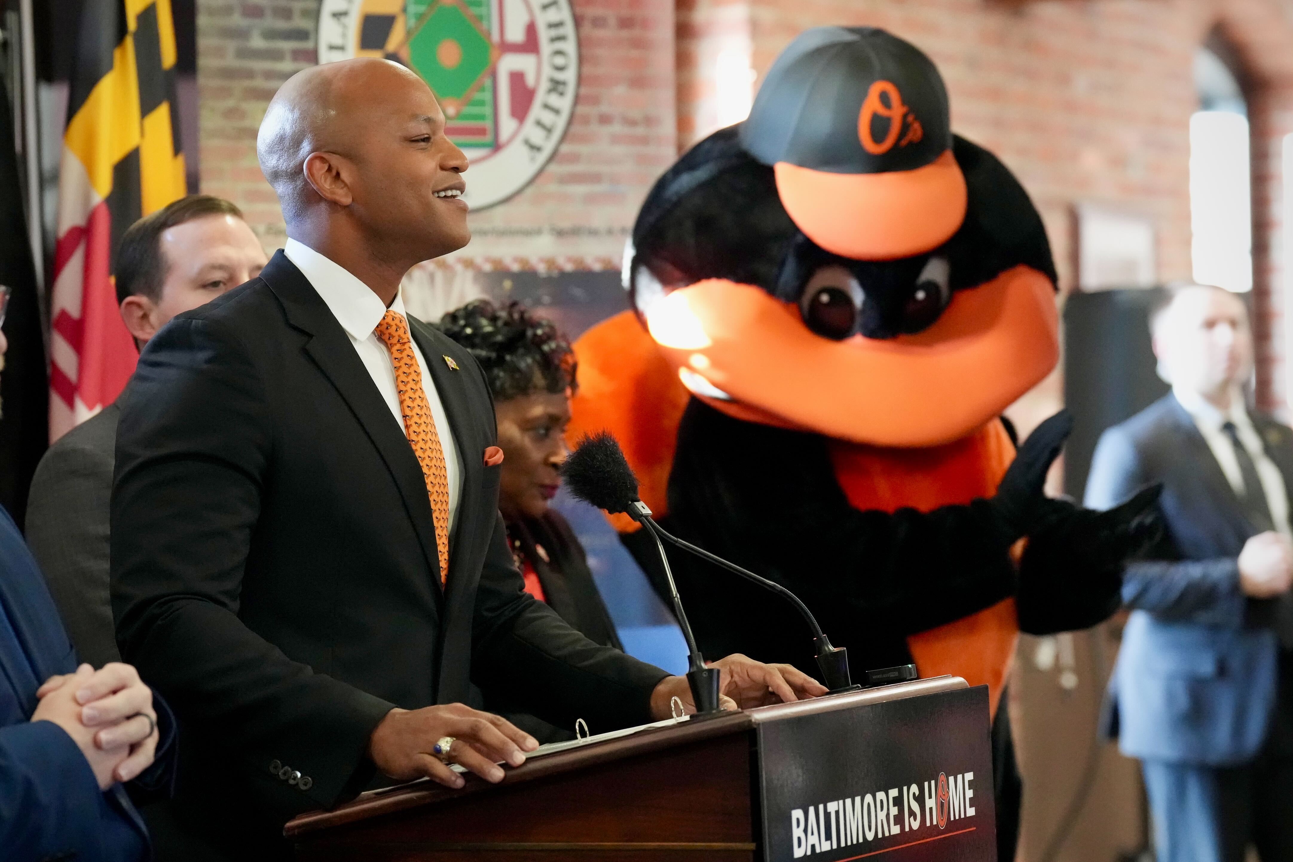 Gov. Wes Moore delivers remarks at a press conference inside the Camden Yard warehouse after the Maryland Stadium Authority voted to extend the Orioles lease at the ballpark on Monday, Dec. 18, 2023.