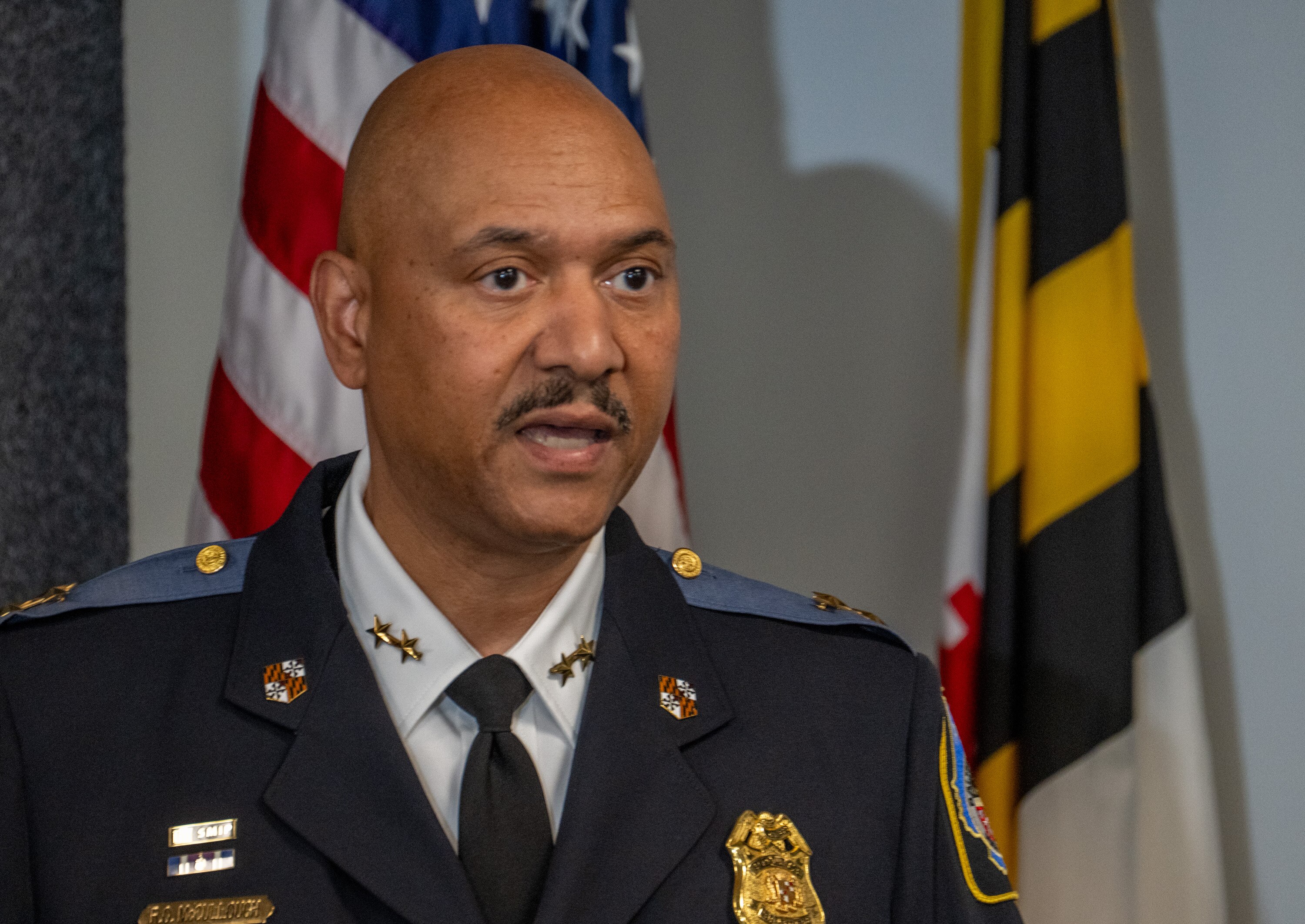 Baltimore County Police Department Chief Robert O. McCullough speaks at a press conference unveiling Baltimore County Police Department’s new Information Nexus for Operation (INFO) Center.