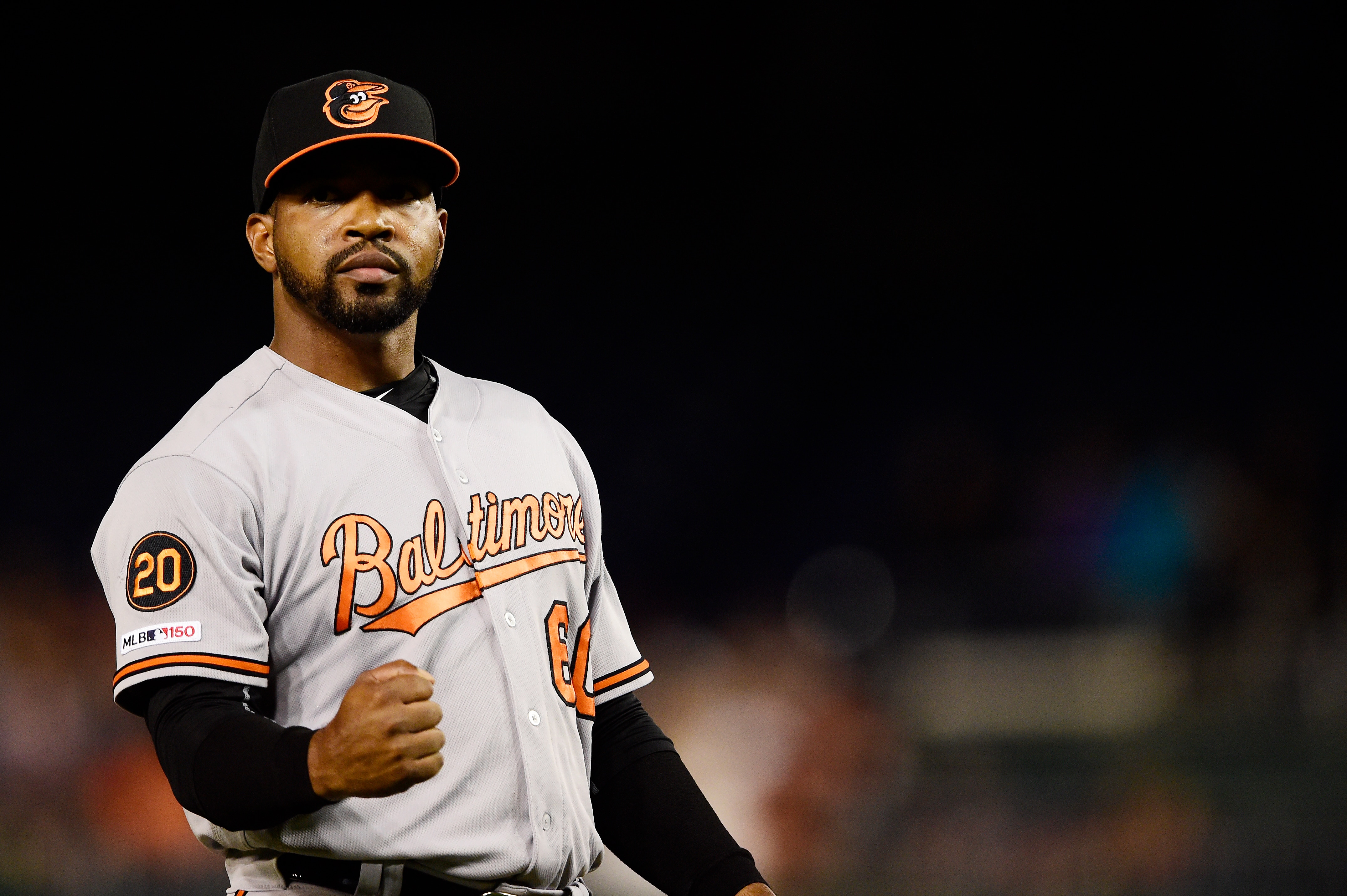 WASHINGTON, DC - AUGUST 27: Mychal Givens #60 of the Baltimore Orioles celebrates after the Orioles defeated the Washington Nationals 2-0 during the interleague game at Nationals Park on August 27, 2019 in Washington, DC.