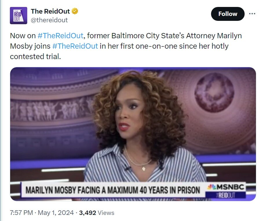Former Baltimore State's Attorney Marilyn Mosby appeared on Wednesday on "The ReidOut" with Joy Reid on MSNBC and declared her innocence on perjury and mortgage fraud charges.