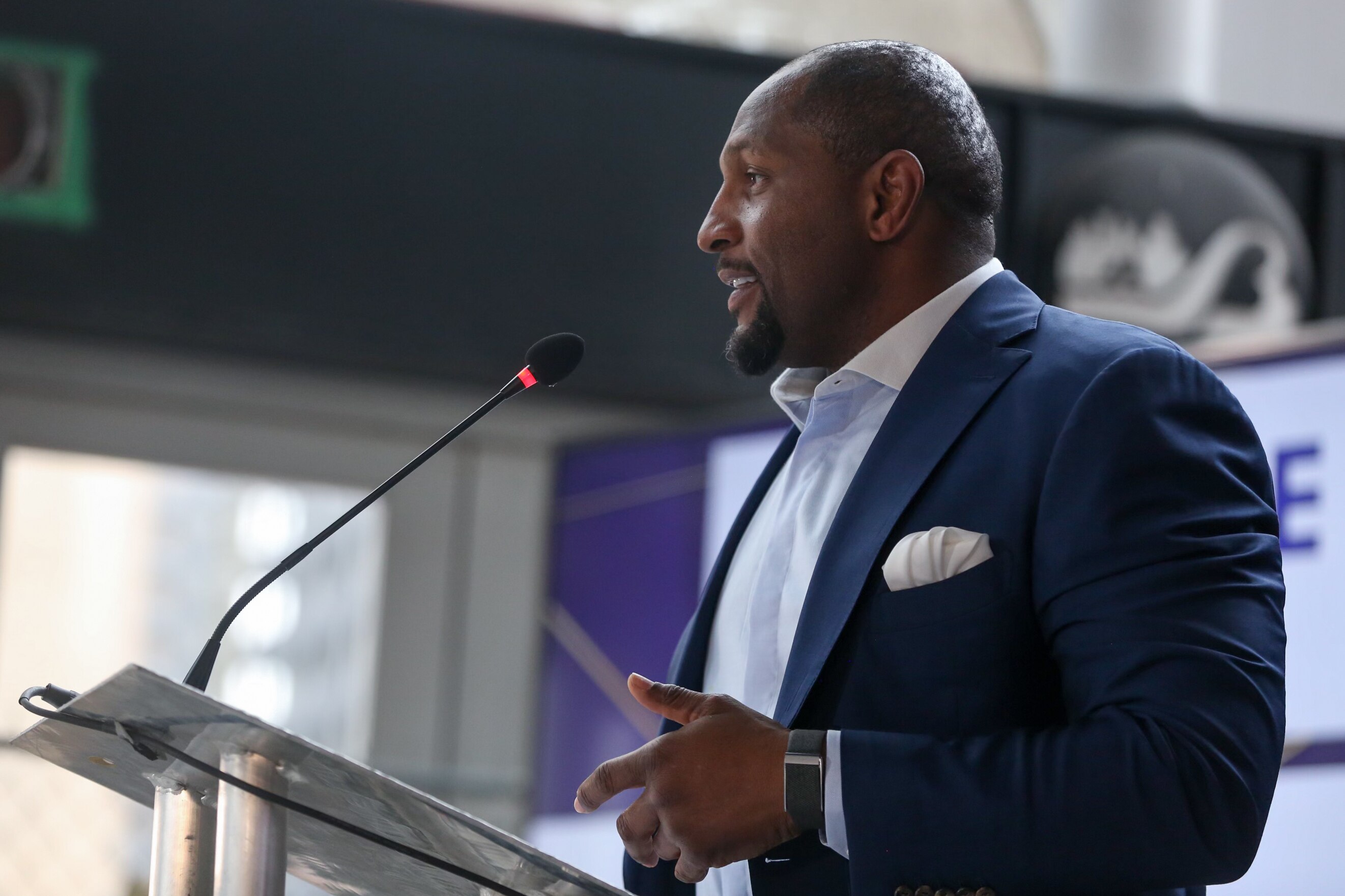 Former Raven Ray Lewis speaks at the announcement of the Baltimore Arena's new name: The CFG Bank Arena.