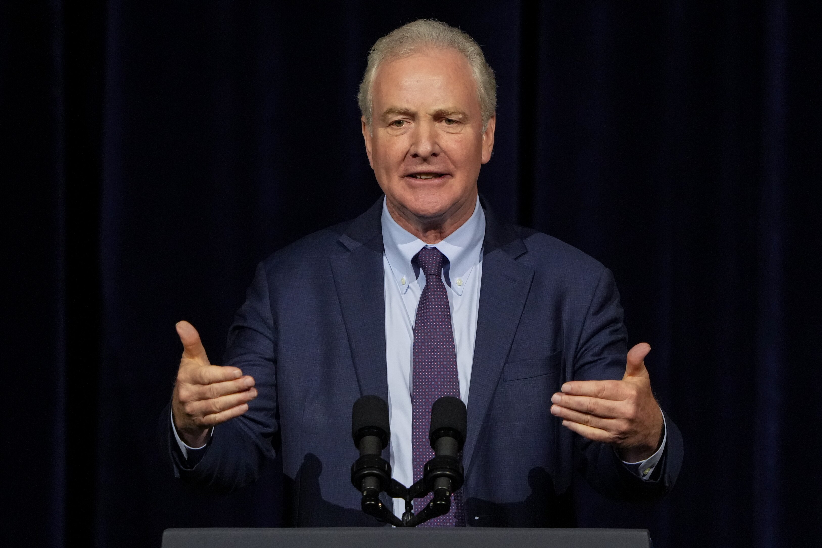 U.S. Sen. Chris Van Hollen addresses the crowd at Coppin State University during an event planned around a visit to Baltimore by U.S. Vice President Kamala Harris on July 14, 2023.