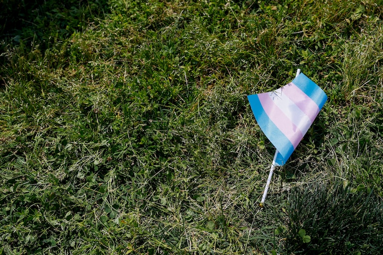 WASHINGTON, DC - MAY 22: A transgender flag sits on the grass during the "Trans Youth Prom" outside of the U.S. Capitol building on May 22, 2023 in Washington, DC. Trans and non-binary youth gathered to hold a Prom-like event that included music, dancing, and speeches. After the Prom, the kids and their families marched to the U.S. Supreme Court Building.