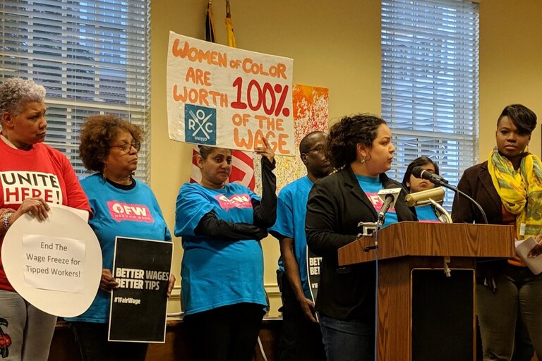 Maryland labor organizers pushed for lawmakers to increase the tipped minimum wage in March 2019 amid the larger wage hike fight.