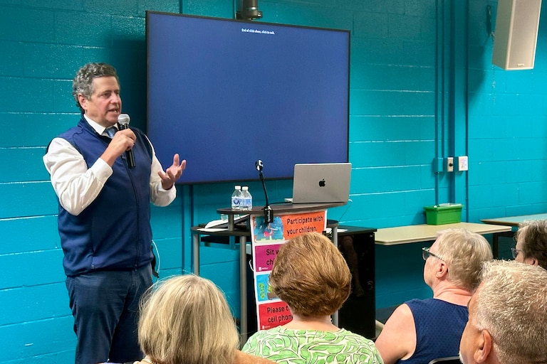 David Karceski, a zoning attorney for the Lutherville Station project, fields questions from community members opposed to the redevelopment altogether. Pictured on Wednesday, July 22, 2026 in the Baltimore County Public Library's Cockeysville branch.