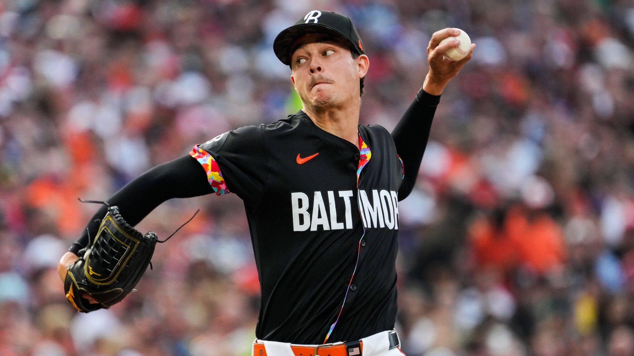 Baltimore Orioles pitcher Cade Povich (37) delivers a pitch in the third game of a series against the Texas Rangers at Camden Yards on June 29, 2024.